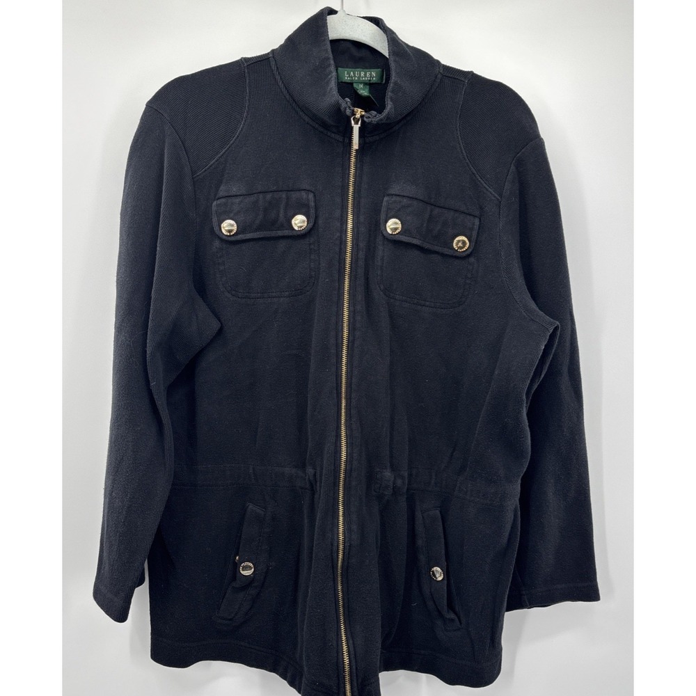 Lauren Ralph‎ Lauren Black Full Zip Cotton Knit Jacket Gold Zipper Buttons 1X